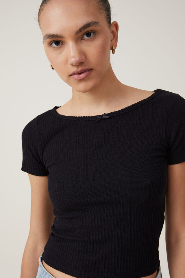 Camiseta - Heidi Picot Trim Short Sleeve Top, BLACK