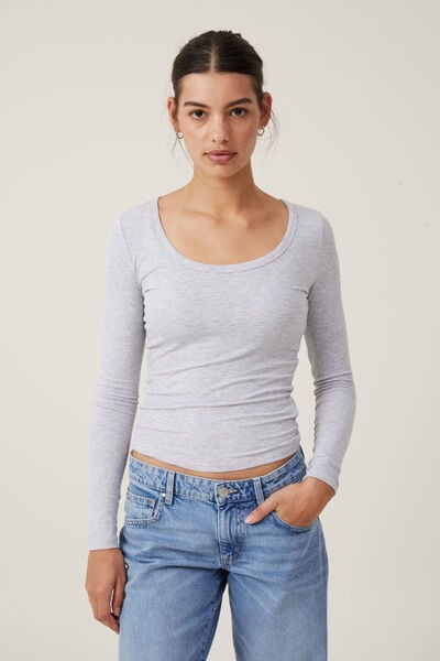 Camiseta - Staple Rib Scoop Neck Long Sleeve Top, GREY MARLE II