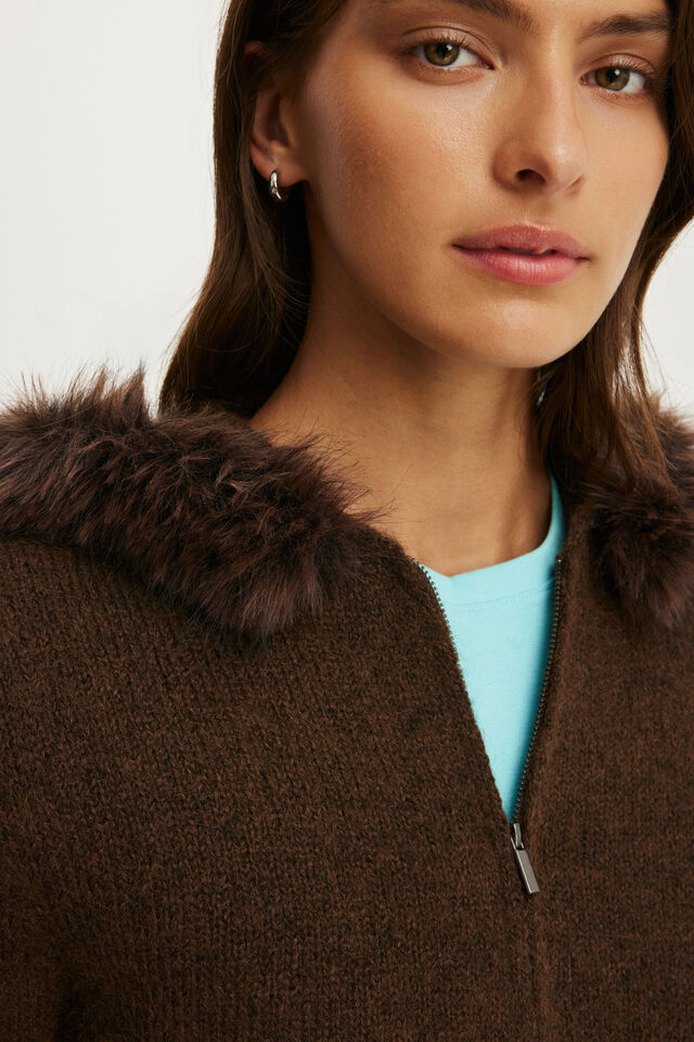 Fluffy Knit Zip Hoodie, DARK OAK