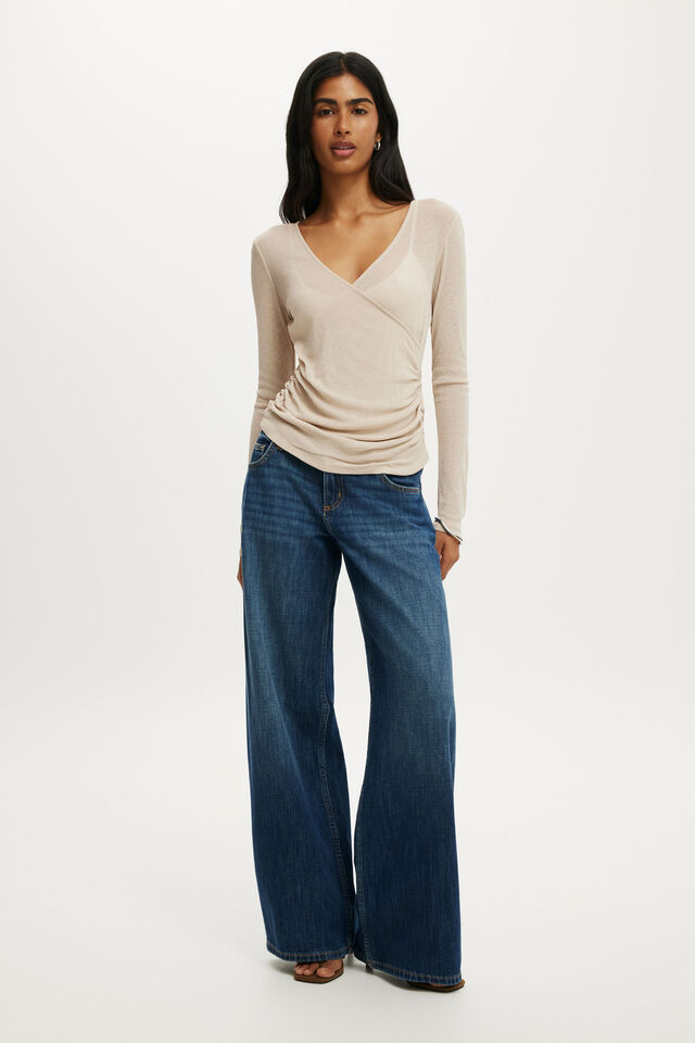Soul Faux Wrap Long Sleeve Top, CHAI DUST