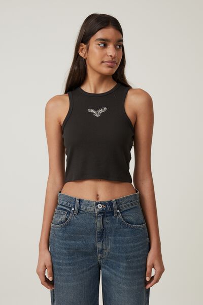 Crop Ribbed Graphic Racer Tank, EAGLE/ WASHED BLACK
