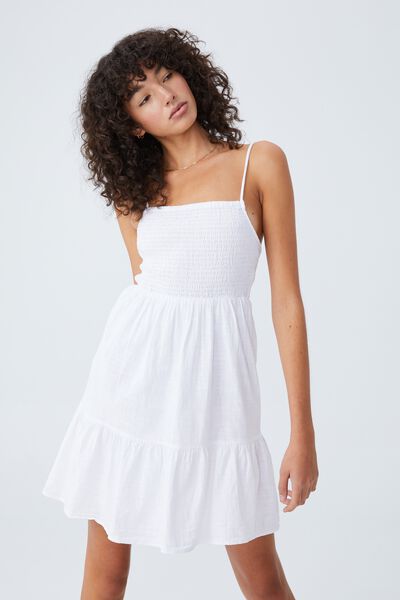 Poppy Shirred Cross Back Mini Dress, WHITE