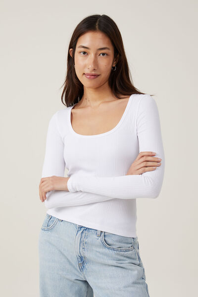 The One Organic Variegated Rib Scoop Long Sleeve, WHITE