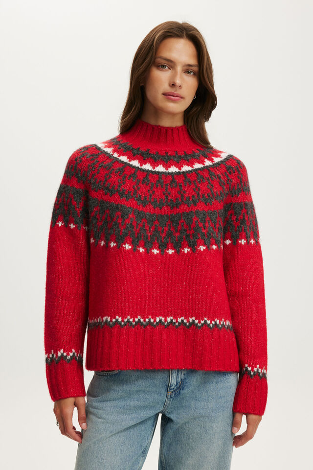 Fairisle Mock Neck Sweater, RED PETAL FAIRISLE