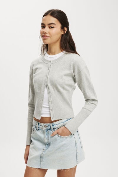 Everfine Round Neck Cardigan, GREY MARLE