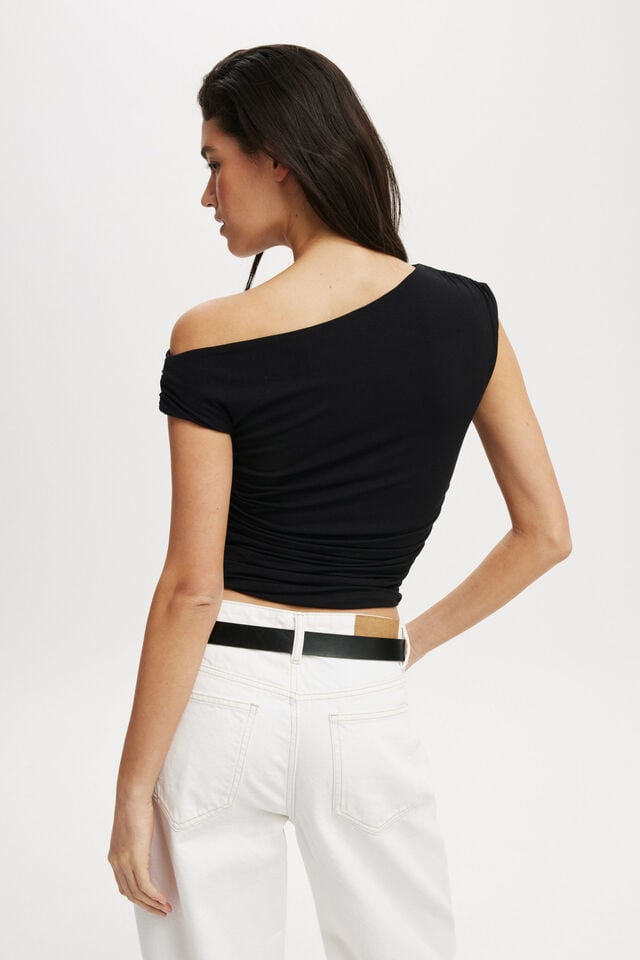 Staple Rib Rouched Short Sleeve Top, BLACK