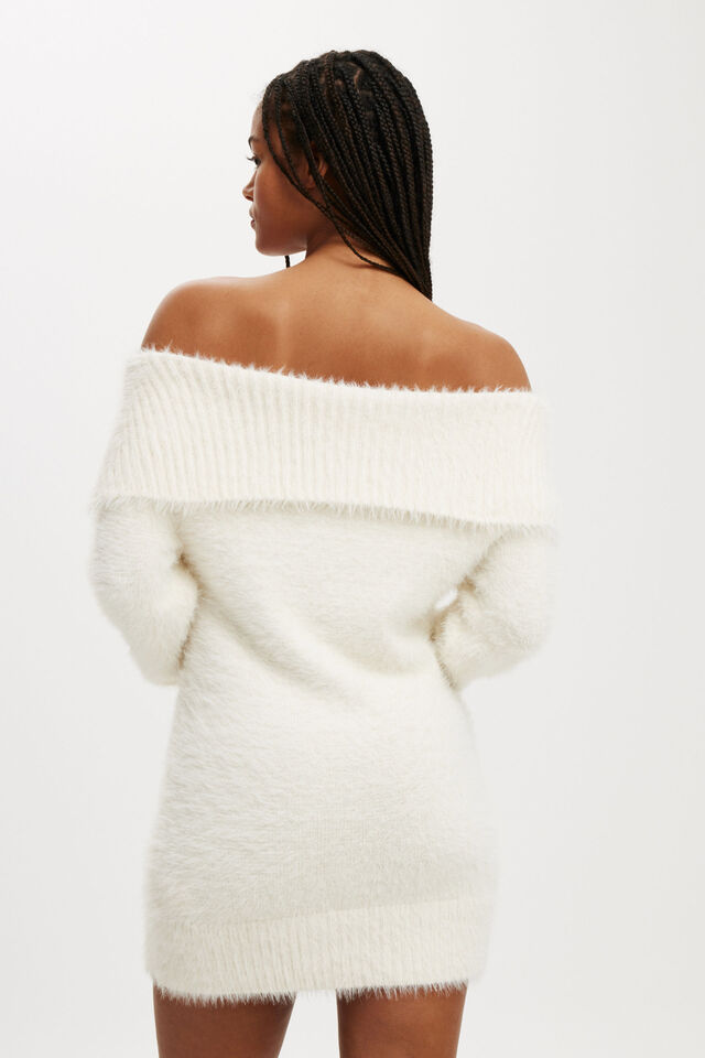 Faux Off Shoulder Sweater Dress, ECRU