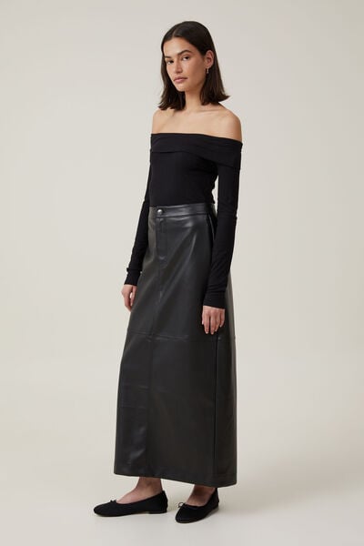 Faux Leather Maxi Skirt, BLACK