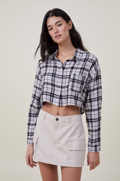 Blusa - Cropped Boyfriend Flannel Shirt, LINDA CHECK GREY