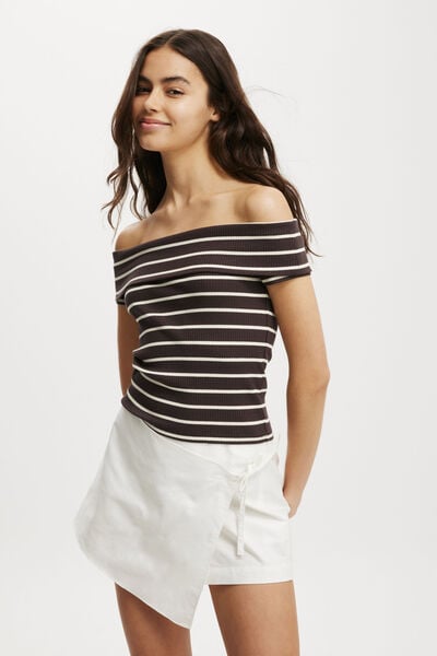 Rosa Off The Shoulder Short Sleeve Top, REMI STRIPE COLD BREW/COCONUT