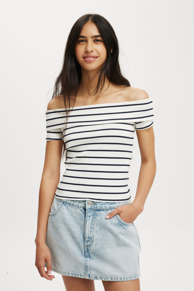 Rosa Off The Shoulder Short Sleeve Top, REMI STRIPE NATURAL WHITE/WINTER NIGHT