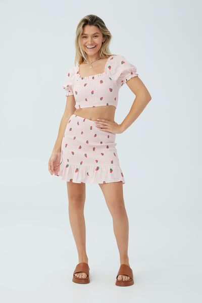 Sierra Shirred Mini Skirt, SARAH STRAWBERRIES SWEET PINK