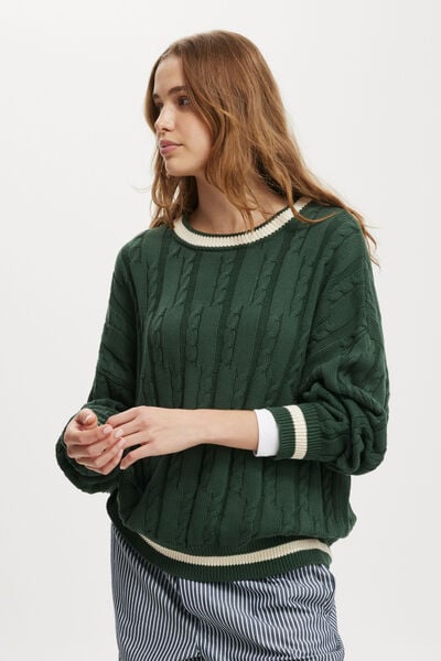 Cotton Crew Neck Pullover, PINE FOREST TIPPING/ CABLE