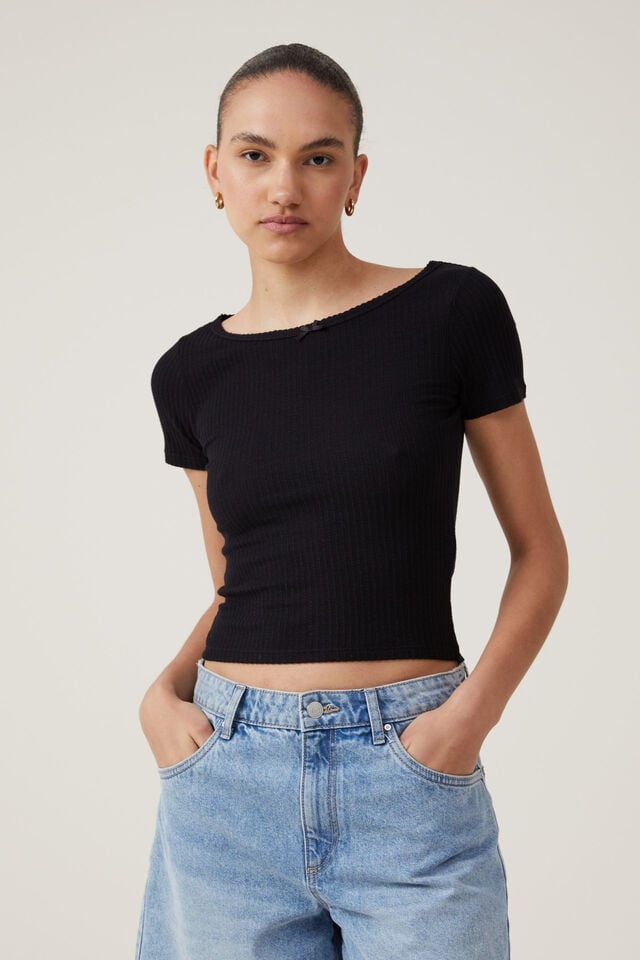 Camiseta - Heidi Picot Trim Short Sleeve Top, BLACK