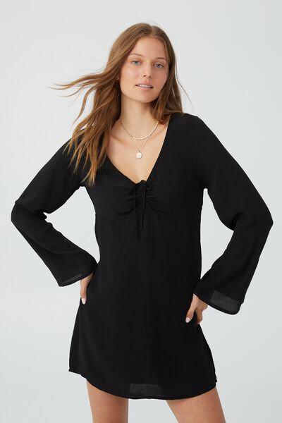Violet Long Sleeve Mini Dress, BLACK