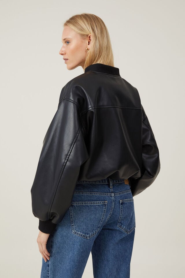 Aries Faux Leather Bomber Jacket, BLACK