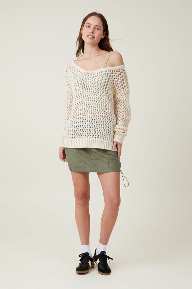 Open Knit Oversized Off Shoulder, PORCELAIN