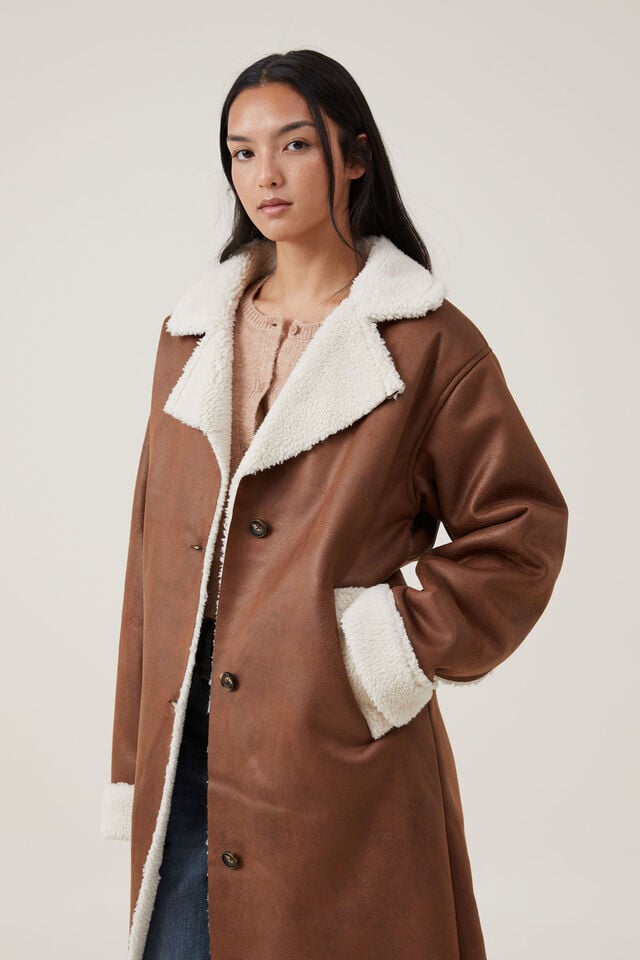 Maddie Sherpa Longline Coat, CHOCOLATE BROWN