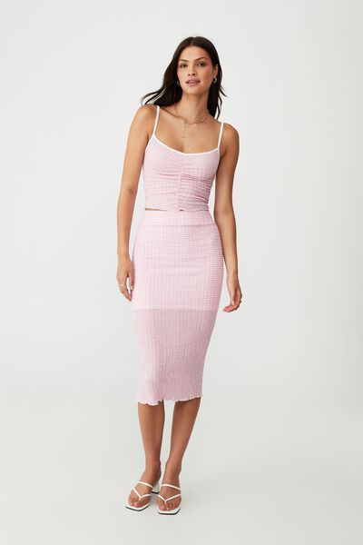 Petite Holly Textured Midi Skirt, BUBBLE PINK GINGHAM