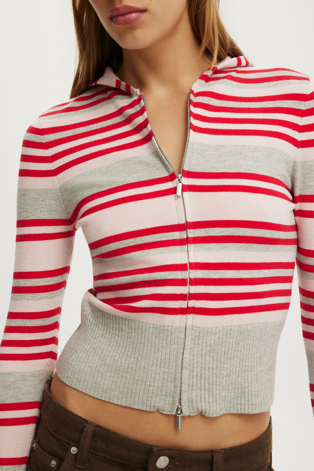 Everfine Hooded Knit, RED PETAL GREY MARLE STRIPE