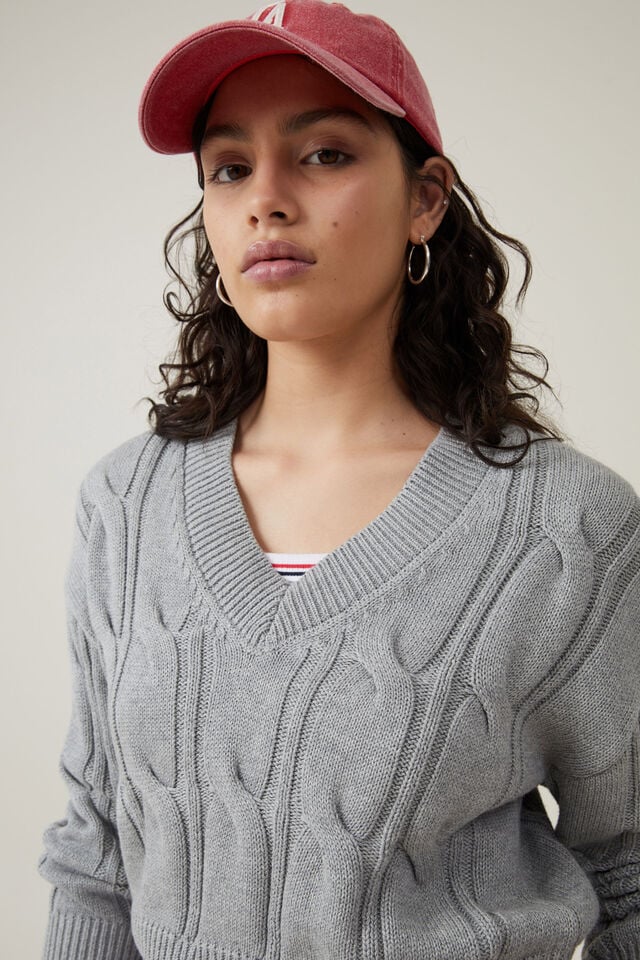 Cable Cotton V-Neck Pullover, GREY SHADOW MARLE