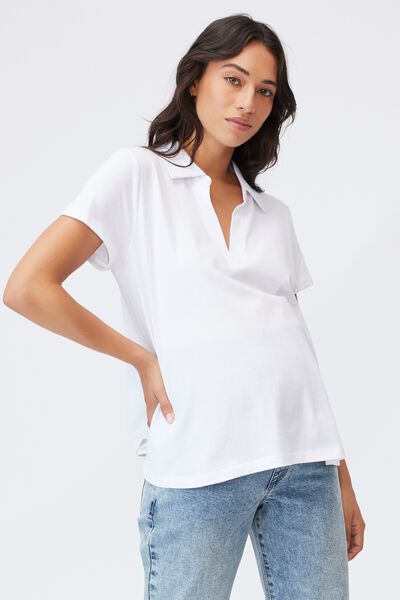 Maternity Short Sleeve Polo Top, WHITE