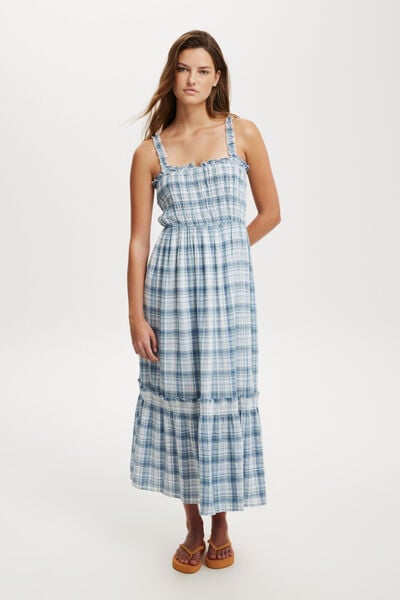 Izzy Shirred Maxi Dress, BLUE GINGHAM