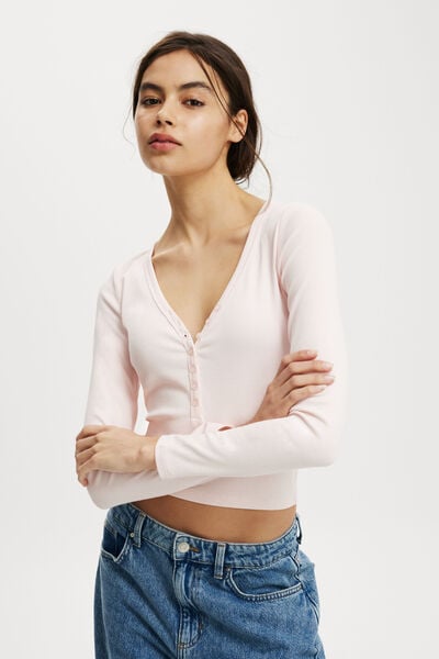 Kelsey V Front Henley Long Sleeve, FLOSSY PINK