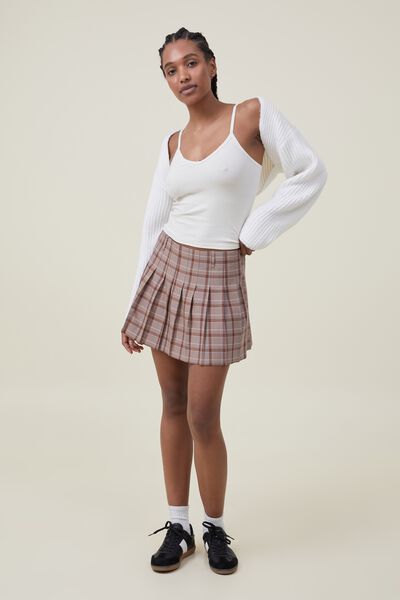 Jamie Suiting Pleated Mini Skirt, JAMIE CHECK BROWN
