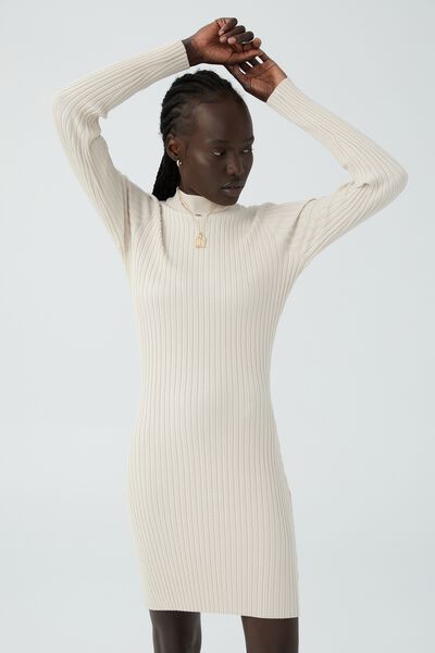Knit Mock Neck Long Sleeve Mini Dress, CLOUD WHITE