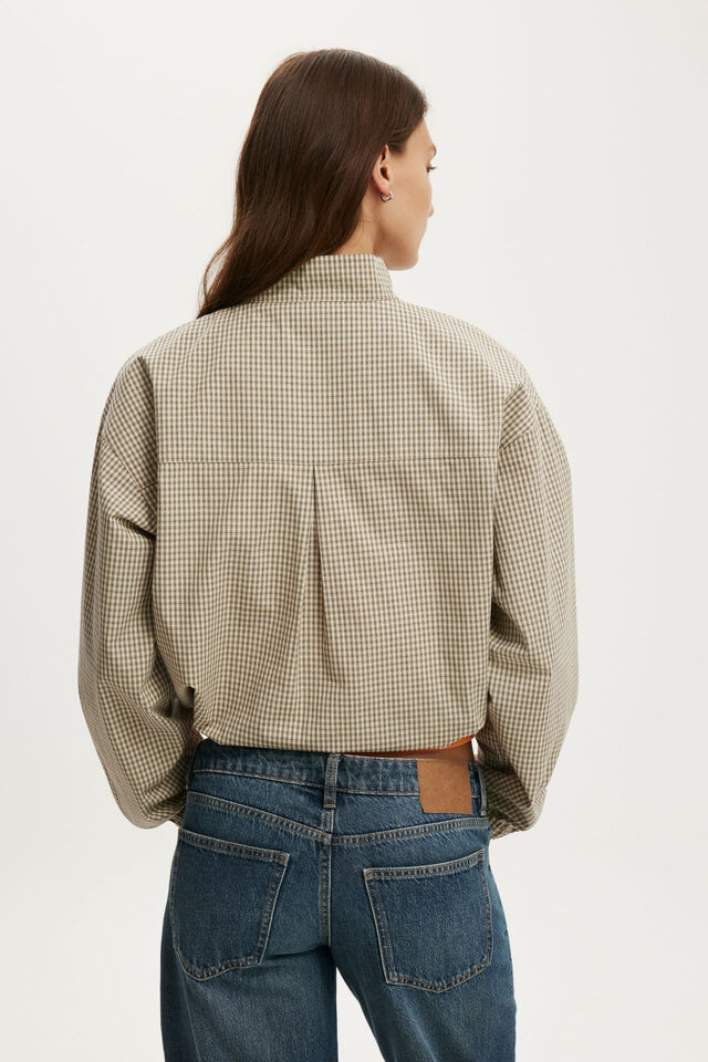 Chloe Funnel Neck Shirt, STONE MICRO CHECK