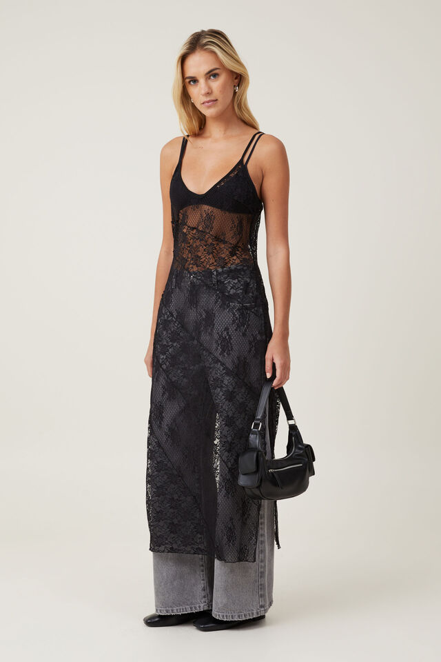 Spliced Lace Maxi Dress, BLACK