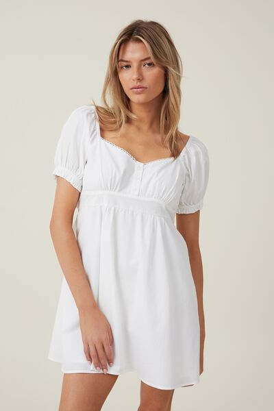 Cotton Puff Sleeve Mini Dress, WHITE