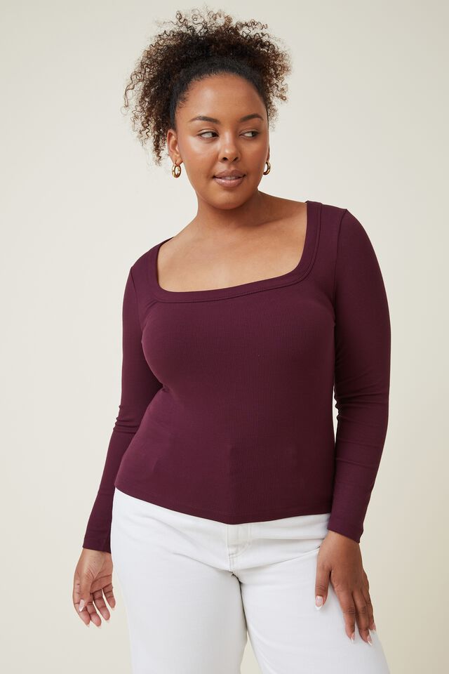 Curve Staple Rib Scoop Neck Long Sleeve Top