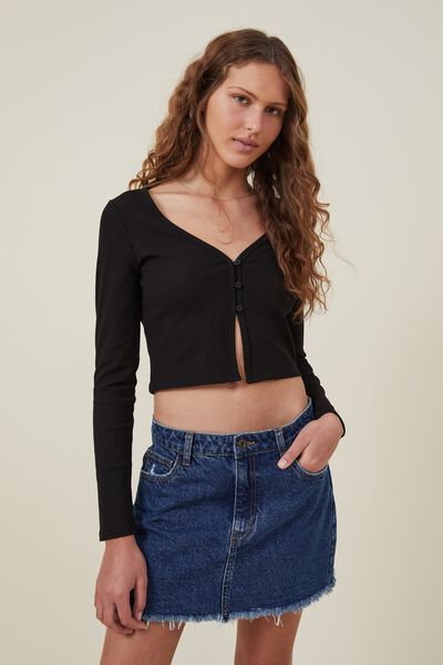 Tayla Button Up Long Sleeve Top, BLACK