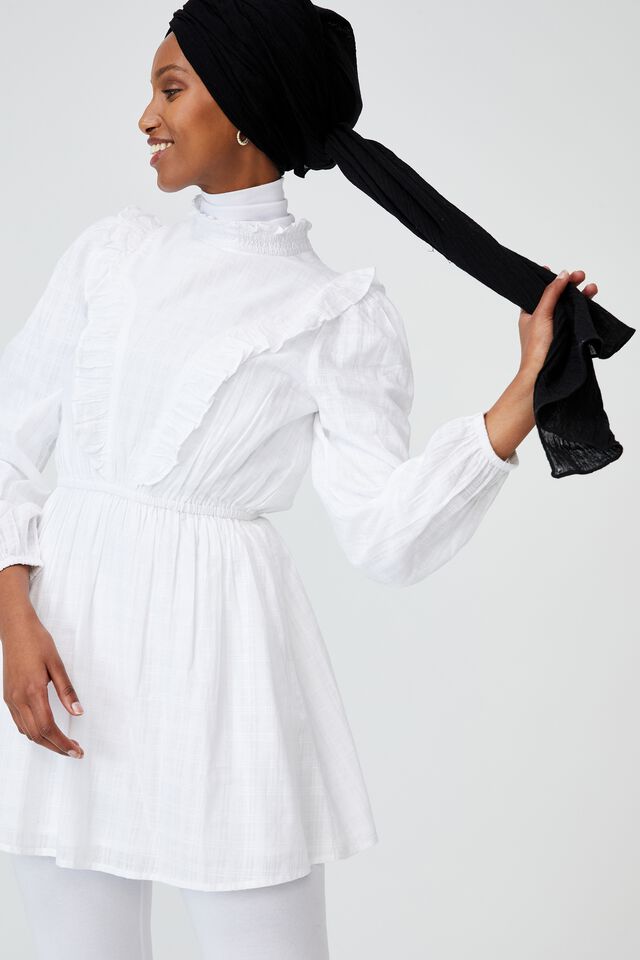Woven Taya Long Sleeve Ruffle Neck Mini Dress, WHITE