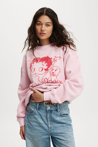 Betty Boop Lcn Crew Sweatshirt, LCN BBP BETTY + PUDGY/ BRIGHT PINK