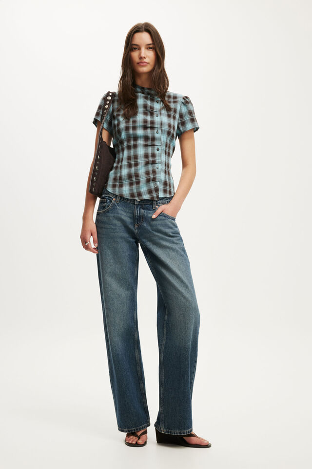 Nikki Button Through Blouse, BLUE/BROWN CHECK