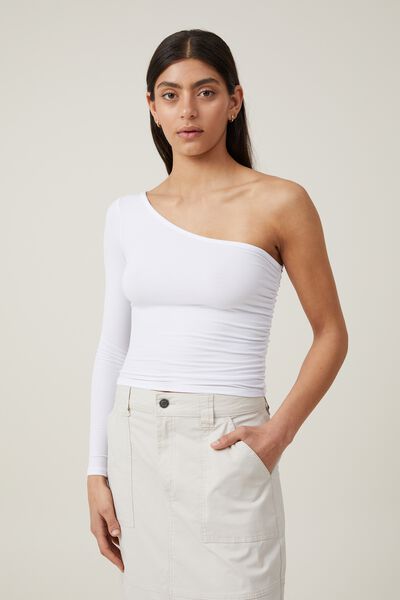 Poppy One Shoulder Ruched Long Sleeve Top, WHITE