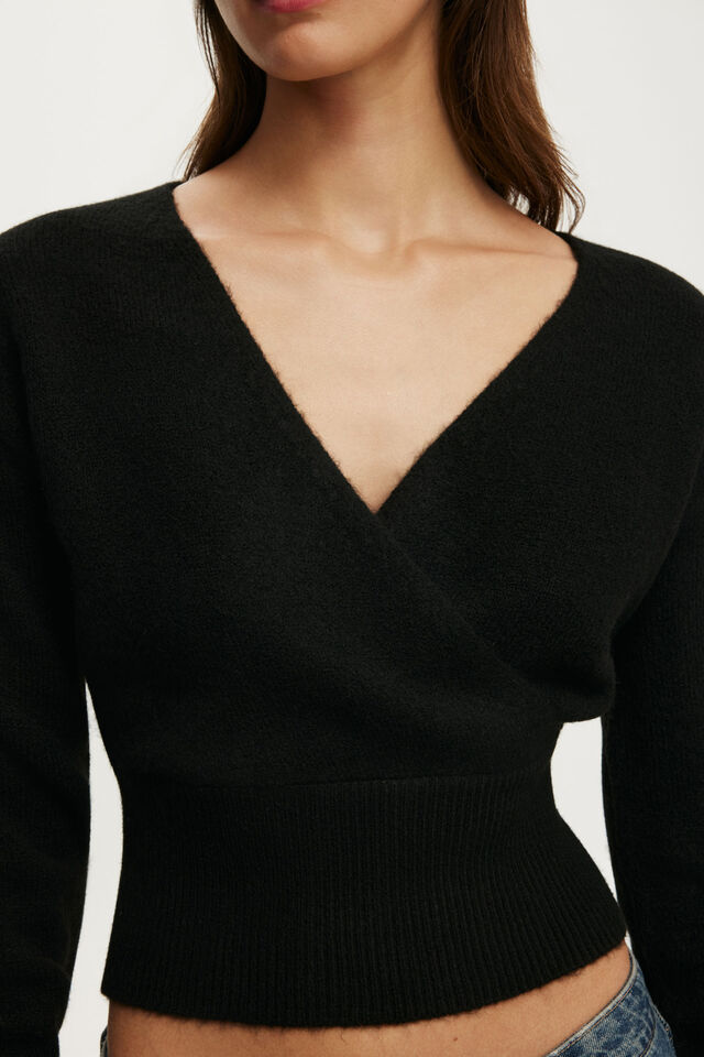Softest Luxe Mock Wrap Knit, BLACK