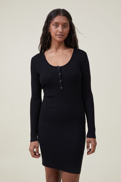 Henley Knit Mini Dress, BLACK