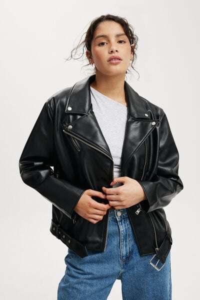 Roman Faux Leather Biker Jacket, BLACK