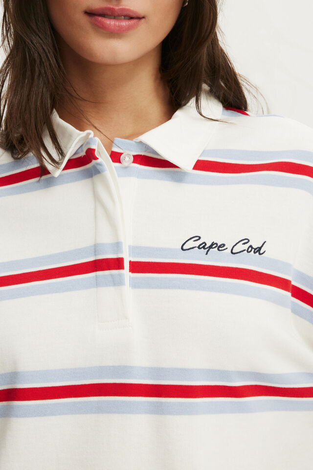Oversized Long Sleeve Graphic Polo, CAPE COD / BLUE RED STRIPE