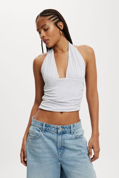 Staple Rib Rouched Halter Top, GREY MARLE