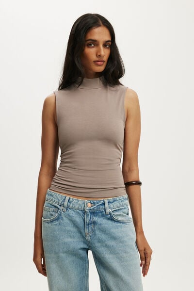 Mock Neck Tank, WASHED MOCHA
