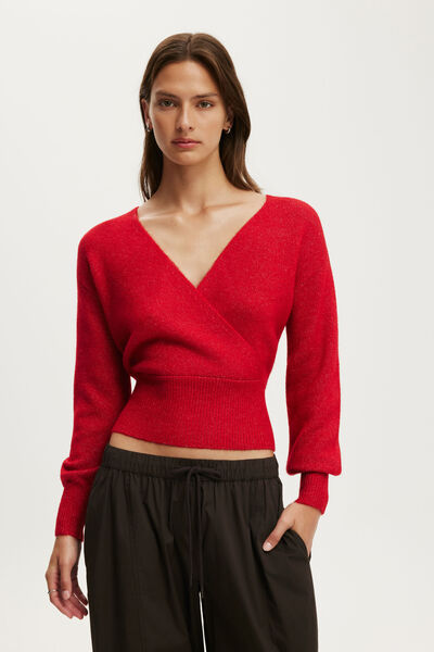 Softest Luxe Mock Wrap Knit, RED PETAL