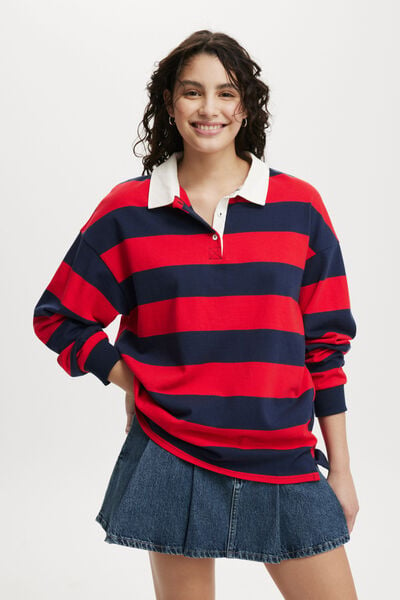 Oversized Long Sleeve Polo, WINTER NIGHT/SCARLET RED