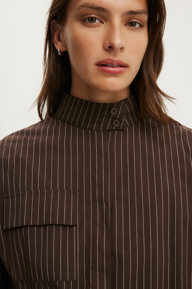 Chloe Funnel Neck Shirt, KYLIE PINSTRIPE DARK OAK
