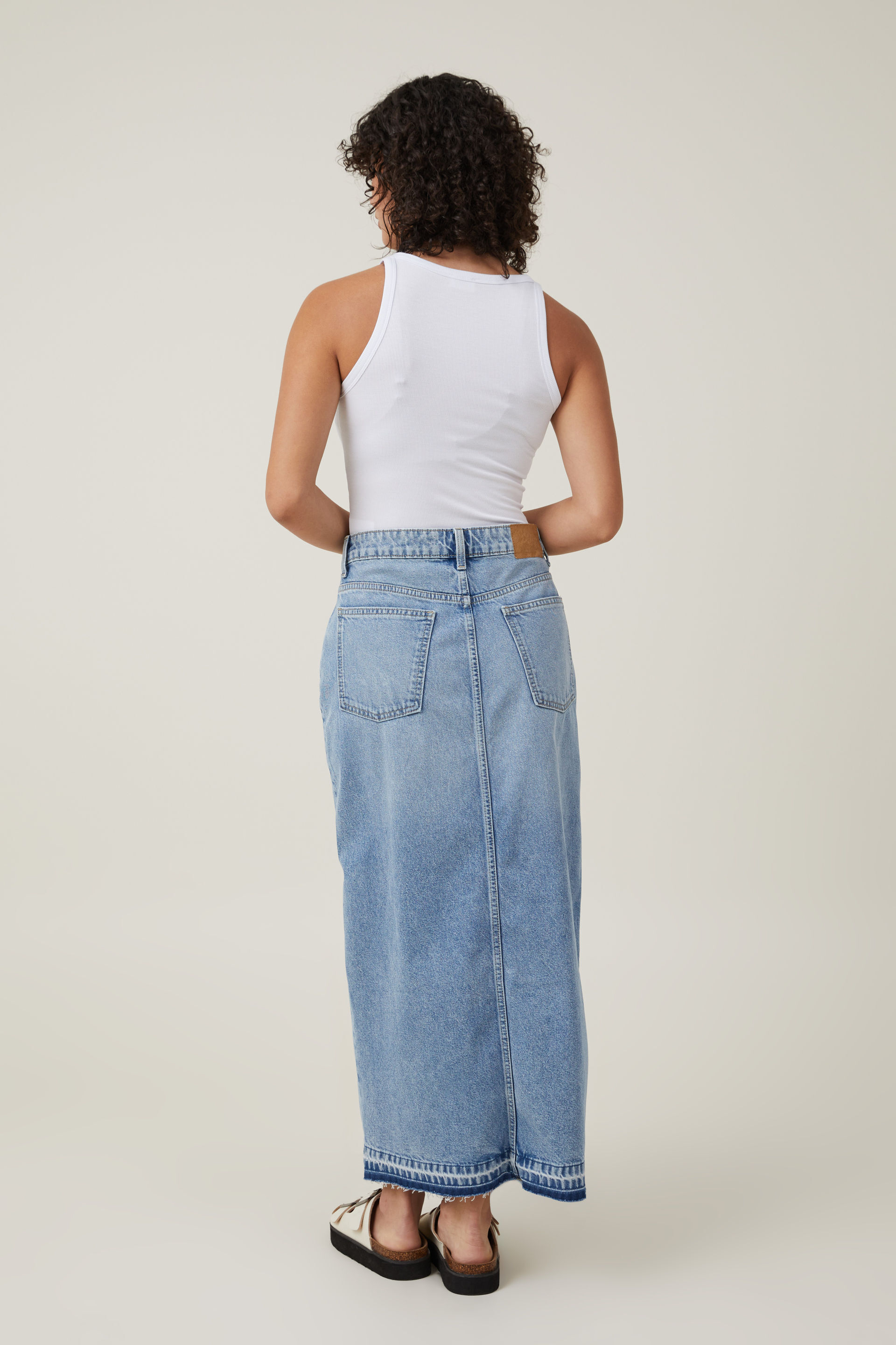 Blue asymmetric waist denim maxi skirt | River Island