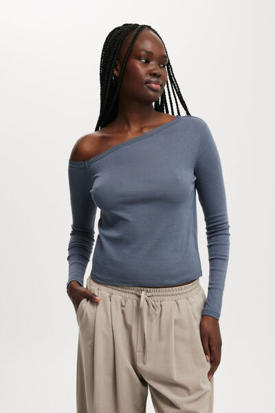 Clare Lace Trim Off The Shoulder Long Sleeve, BLUE SLATE